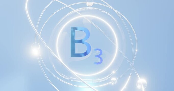 vitamin b3 symbol inside spinning electrons with orbitals, niacin food supplement, 3d rendering on blue background