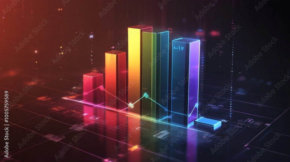 Fototapete A high-tech 3D bar chart with colorful, reflective bars and a dark gradient background, representing key business insights, with glowing lines and arrows.