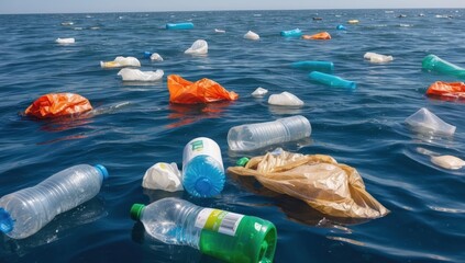 Sunlight reflects off both the gentle waves and the smooth surfaces of numerous plastic items littering the sea