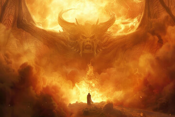 Scary sinister devil is in hell with bright fire lighting on the background