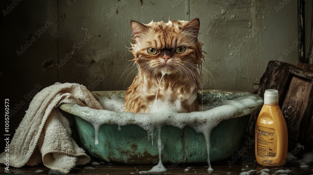Poster a humorous moment of a wet cat sitting in a small tub, giving an annoyed expression as soap lathers 