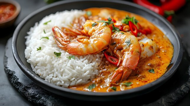 Sururu   Shrimp Cooked in Coconut Milk and Pepper Sauce Served with White Rice on Elegant Black Stone Plate