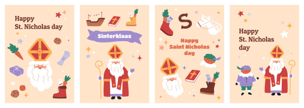 Saint Nicholas day cards set. Doodle sinterklaas holiday characters and elements. Hand drawn cute horse, little piet, ship, cookies and carrots in shoes. Greeting banners and invitations collection.