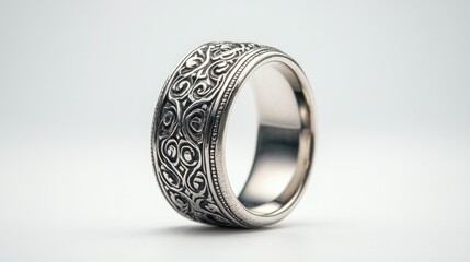 A striking silver ring with ornate engravings, elegantly positioned on a bright white background, perfect for emphasizing its unique craftsmanship and style.