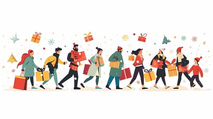 New Year's illustration with a group of people with gift boxes rushing down a snowy street to wish their relatives and friends a happy New Year and Christmas