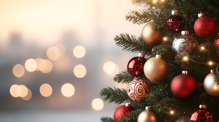 Festive Christmas tree with colorful ornaments and twinkling lights.