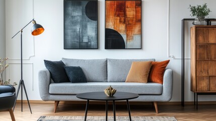 A modern living room featuring a gray sofa, artwork, and stylish decor elements.