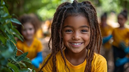 A smiling girl with dreadlocks in a yellow shirt, surrounded by greenery and peers.