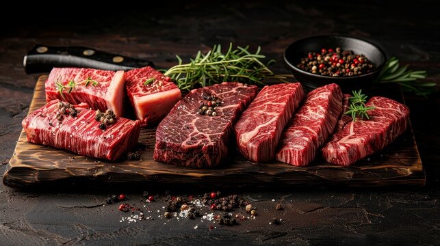 Premium assortment of raw black angus prime steaks featuring machete and blade cuts