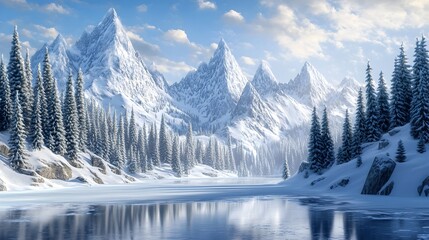Fototapeta premium Breathtaking snowy mountain landscape with jagged peaks reaching towards the sky majestic pine trees lining the slopes and a frozen lake reflecting the serene winter scene in a cinematic