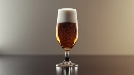 A minimalist composition featuring a single elegant beer glass on a reflective surface, with soft lighting that accentuates the color and texture of the beer.