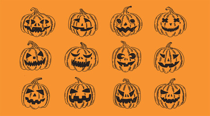 Halloween pumpkins set on orange background. Hand drawn illustration.	