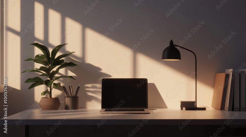 Poster a minimalist desk with a laptop, a stylish lamp, and a clean workspace, emphasizing simplicity and f
