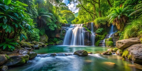 Gentle cascades of a small waterfall tumble over stones, enveloped by rich tropical foliage, forming a tranquil natural