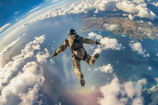 Parachutist with parachute makes heavenly adventure against backdrop of landscape