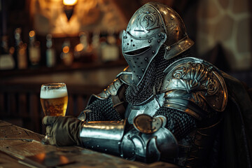 Fototapeta premium A fantastic royal knight in armor drinks beer at a local bar