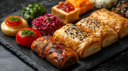 Savory Sambousek Pastries on Elegant Black Stone Plate