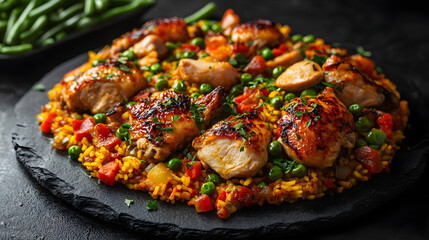 Fototapeta premium Delectable Paella Valenciana Traditional Spanish Rice Dish with Saffron Chicken Rabbit and Green Beans