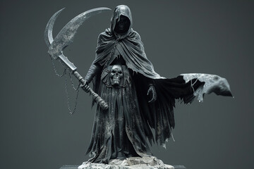 Scary grim reaper with scythe in hell on dark background with dramatic background