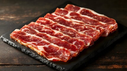 Delectable Ibrico Ham Artfully Displayed on a Sleek Black Stone Platter