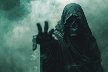 Scary grim reaper with scythe in hell on dark background with dramatic background