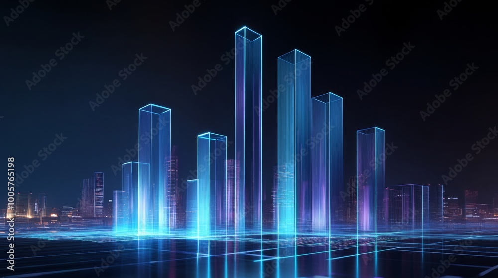 Poster a modern 3d bar graph with tall, transparent bars, displayed against a dark background with glowing 