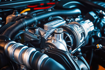 Fototapeta premium The engine of a car is shown in detail, with the hood open to reveal the intricate workings of the engine. Concept of awe and admiration for the engineering and design of the engine