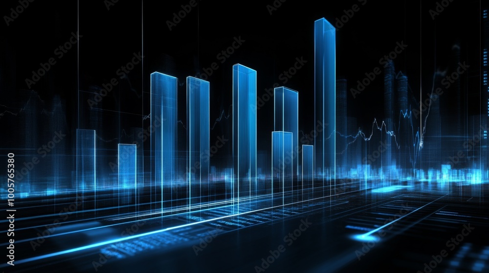 Poster a modern 3d bar graph with tall, transparent bars, displayed against a dark background with glowing 