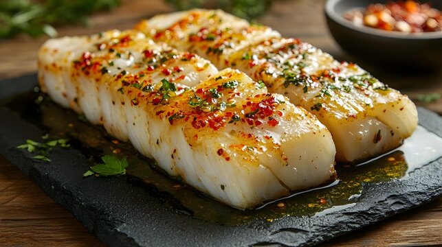 Delectable Basque Style Salted Cod Dish with Garlic Olive Oil Emulsion and Chili Drizzle