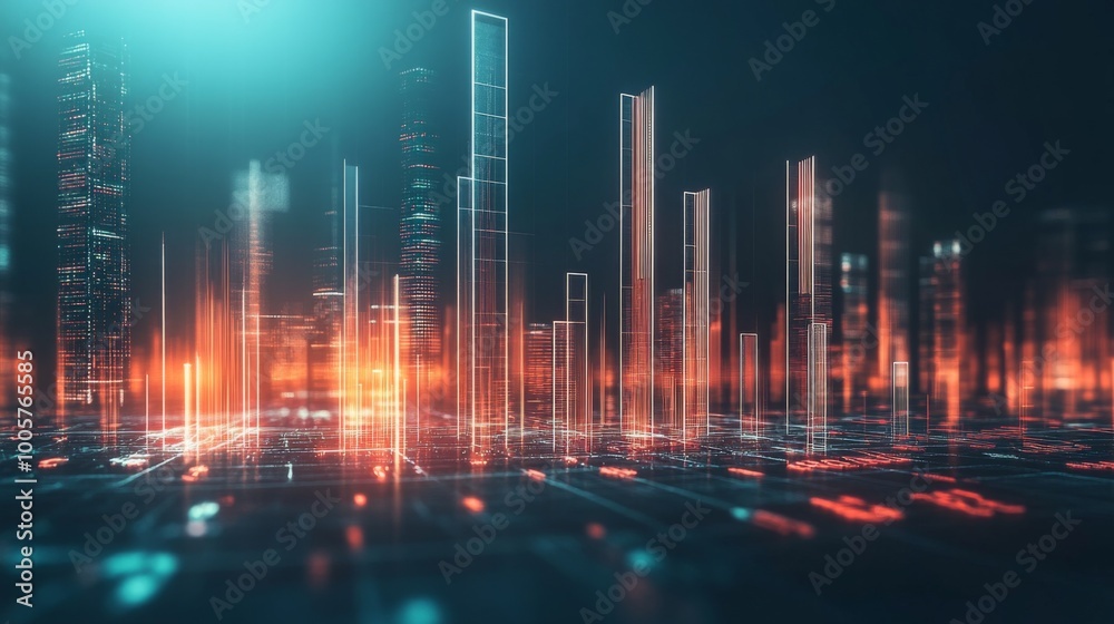 Poster a modern 3d bar graph with tall, transparent bars, displayed against a dark background with glowing 