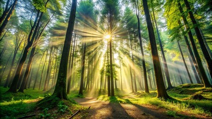 Golden rays pierce the leafy canopy, forming mesmerizing patterns on the peaceful forest floor, illuminating the
