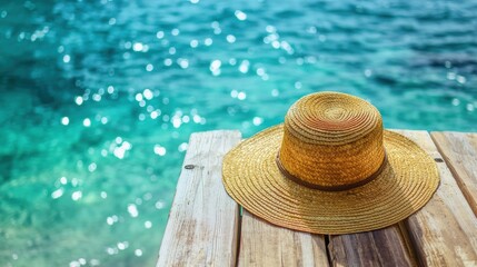 Straw hat and turquoise water with a text space