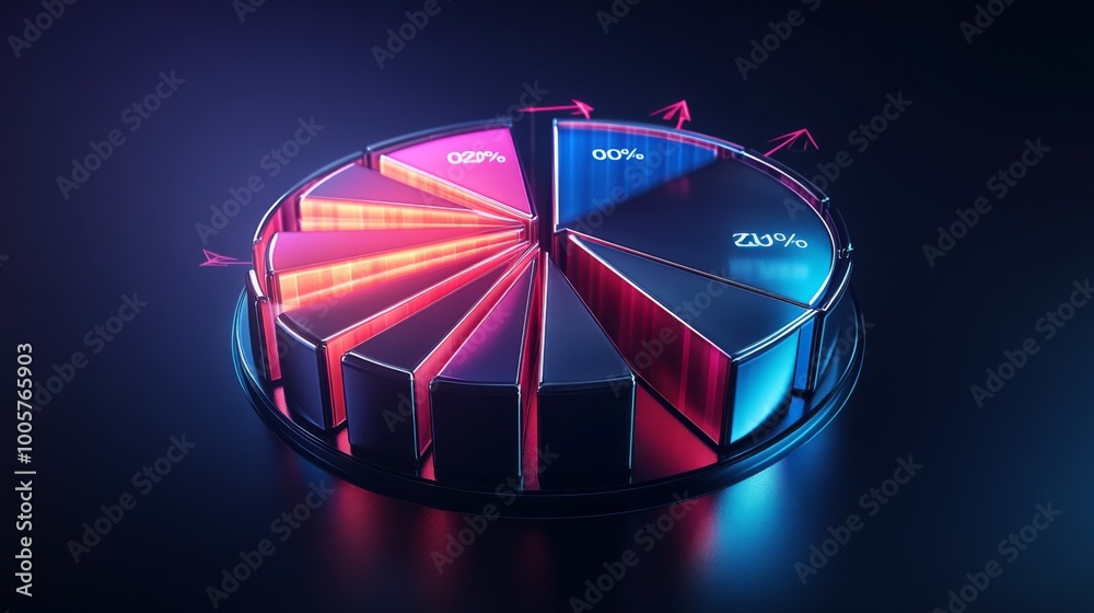 Poster A modern 3D pie chart with metallic slices, representing business market share, with percentages highlighted on each segment and arrows pointing to the key data.