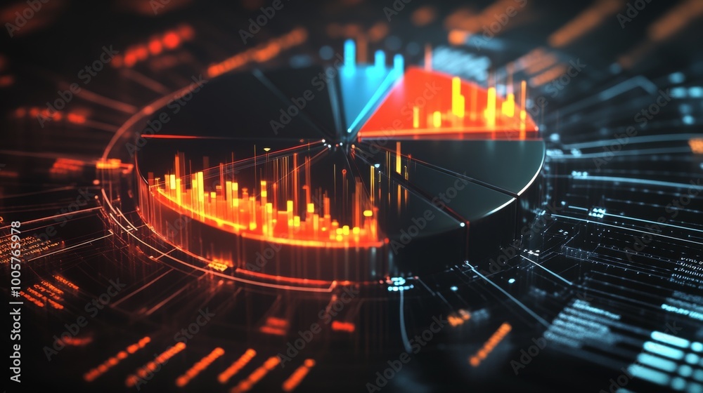 Poster A modern 3D pie chart with metallic slices, representing business market share, with percentages highlighted on each segment and arrows pointing to the key data.