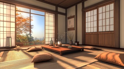 A modern Japanese living space combining traditional elements, like tatami flooring and shoji doors, with contemporary furniture and design accents.