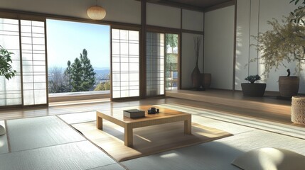 A modern Japanese living space combining traditional elements, like tatami flooring and shoji doors, with contemporary furniture and design accents.