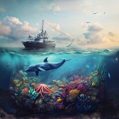 Fototapeta premium Fishing boat hauls in net with vibrant marine life beneath