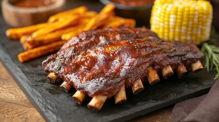 A mouthwatering image of pork ribs served on a platter with a side of sweet potato fries and corn on the cob, evoking the essence of comfort food.