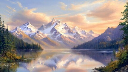 Fototapeta premium Peaceful pastel toned mountainscape with snow capped peaks and a tranquil alpine lake serene landscape reflecting on still waters