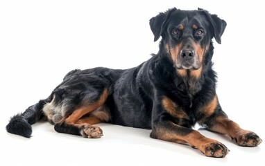 Obraz premium A Beauceron dog rests peacefully on the ground, its elegant black and tan coat contrasting with the white background, exuding a sense of tranquility.