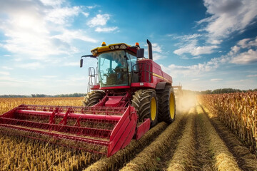Fototapeta premium A red tractor is driving through a field of corn. The tractor is pulling a harvester behind it, which is collecting the corn. The sky is clear and the sun is shining, creating a bright