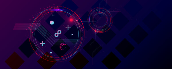 Dark retro futuristic cyberpunk elements abstraction background cosmos synthwave vaporwave retrowave glitch circle with blue and pink glows