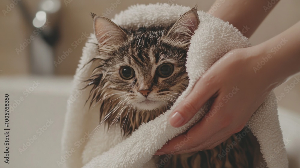 Poster a pair of hands carefully drying a wet cat with a soft towel, the cat sitting still on the bathroom 