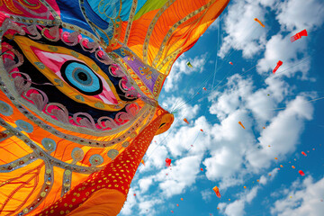 Naklejka premium Beautiful greeting card with colorful kites soaring high above vibrant sky to holiday composition