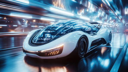 Obraz premium Futuristic car design with sleek lines and illuminated features, showcasing advanced technology and innovation in automotive engineering. dynamic motion suggests speed and modernity