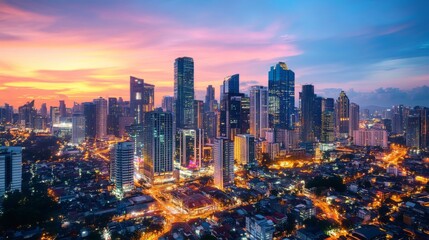 Fototapeta premium A panoramic view of a bustling city skyline featuring tall skyscrapers reaching towards the sky, with vibrant lights illuminating the buildings at dusk, capturing the energy of urban life.