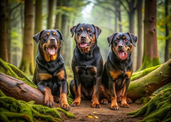 Obraz premium In a lush forest, three Rottweiler dogs pose playfully together near a fallen tree, capturing the essence of