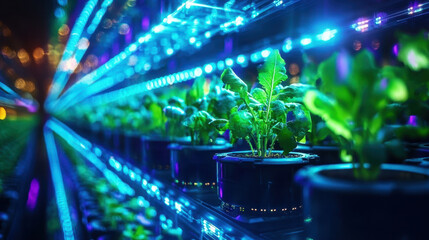Vibrant indoor garden with illuminated plants showcasing modern hydroponic technology. blue and green lights create futuristic atmosphere, enhancing growth of leafy greens