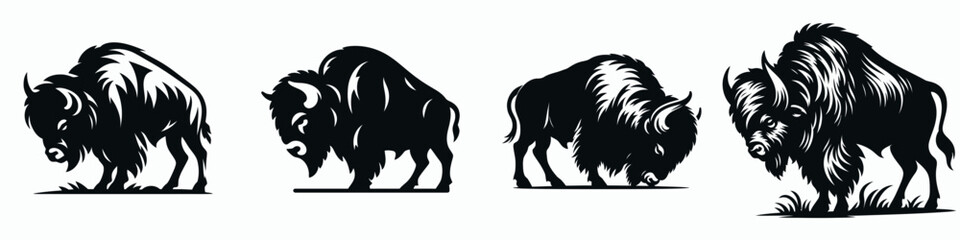 Fototapeta premium Four stylized bison silhouettes displaying different postures, emphasizing the strength and profile of the majestic animal.