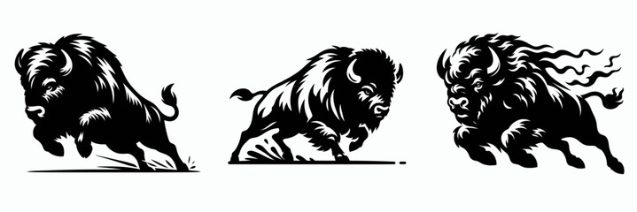 Three stylized bison illustrations in black, showcasing movement and power, suitable for logos or graphic designs.